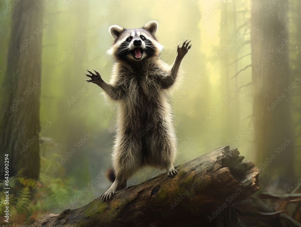 Playful raccoon, striking a candid pose on a transparent backdrop, capturing the playful spirit of the forest, made with Generative AI