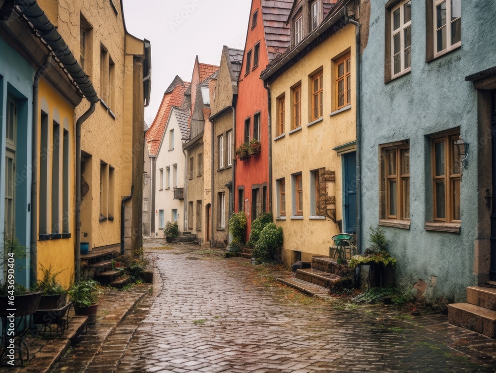 Quaint cobblestone street, lined with colorful houses, charming European atmosphere, made with Generative AI
