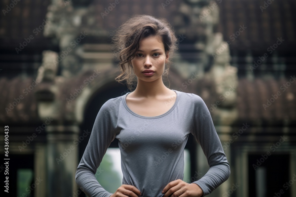 Studio portrait photography of a jovial girl in her 30s wearing a lightweight base layer at the angkor wat in siem reap cambodia. With generative AI technology Studio portrait photography of a jovial girl in her 30s wearing a lightweight base layer at the angkor wat in siem reap cambodia. With generative AI technology