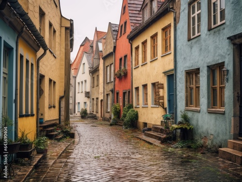 Quaint cobblestone street  lined with colorful houses  charming European atmosphere  made with Generative AI