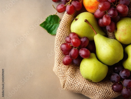 raw fresh apples pears grapes  in burlap isolated top view  made with Generative AI