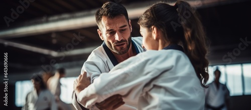 A cropped shot of a jiu jitsu sensei sparring with a student demonstrating moves photo