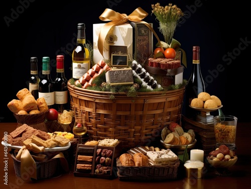 A beautifully arranged table showcasing New Year's gift baskets with gourmet treats, appealing to food enthusiasts. --ar, made with Generative AI