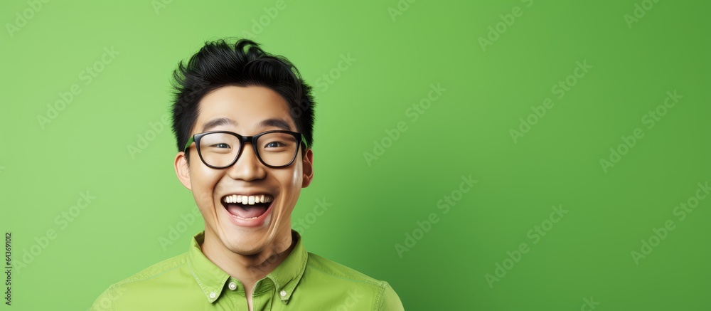 Unappealing smile of an Asian man on green background Unappealing smile of an Asian man on green background