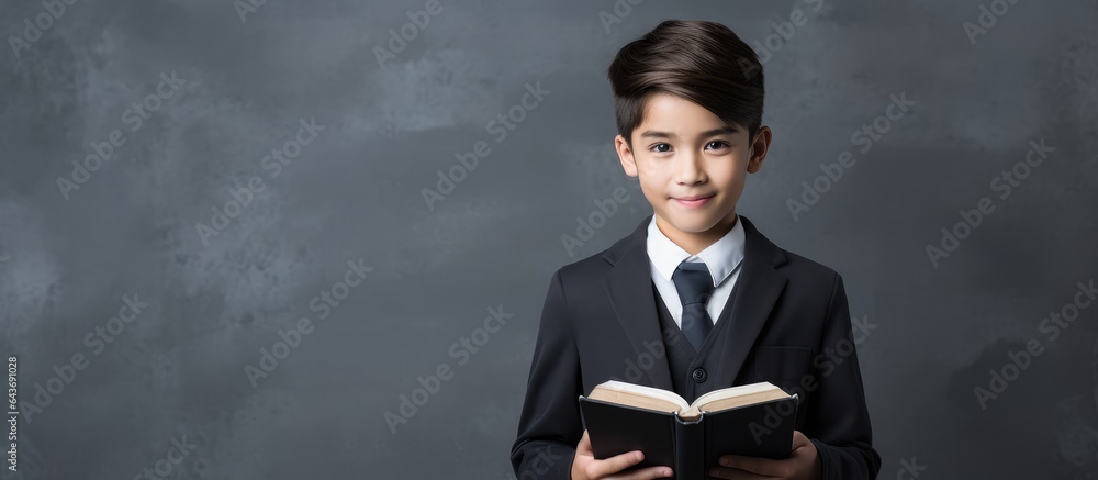 Educated boy with book looking at camera on grey wall background symbolizing education Educated boy with book looking at camera on grey wall background symbolizing education