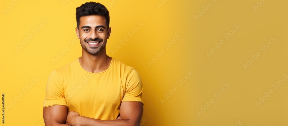 Confident Indian man in casual t shirt stands with arms crossed on yellow background representing success Confident Indian man in casual t shirt stands with arms crossed on yellow background representing success
