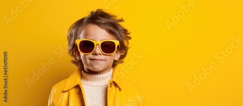 Caucasian boy wearing sunglasses on a yellow background for national sunglasses day symbolizing childhood awareness and protection © vxnaghiyev