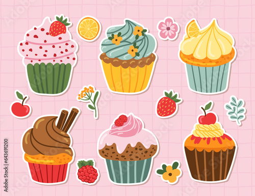 Sweet yummy cupcake, creamy cake, muffin sticker collection vector ilustration. Flat style cartoon cake icon set isolated on white background