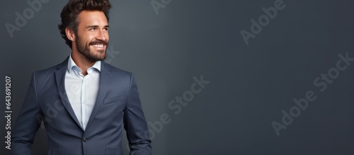 Confident businessman in glasses with laptop looking on copy space through shoulder office boss concept