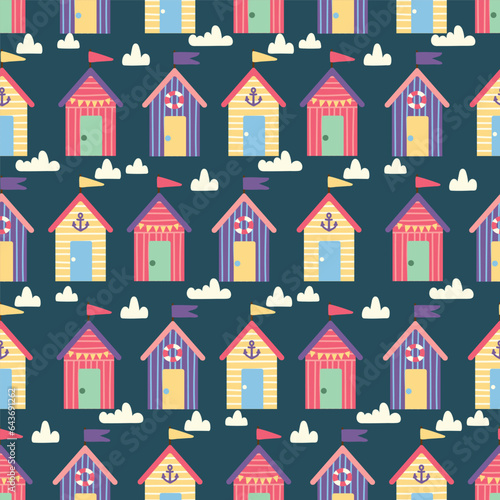 colorful beach huts texture. Coastal Holiday Bungalows, striped cabins background. Small beach house vector seamless pattern © Iryna