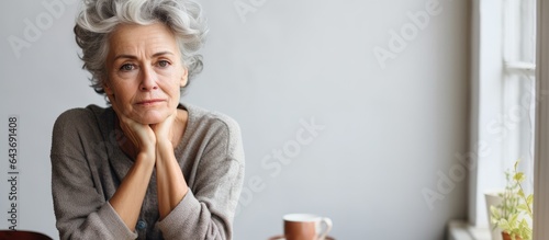 Sad elderly white woman at home on International Widows Day contemplating loneliness and problems in widowhood with space for text