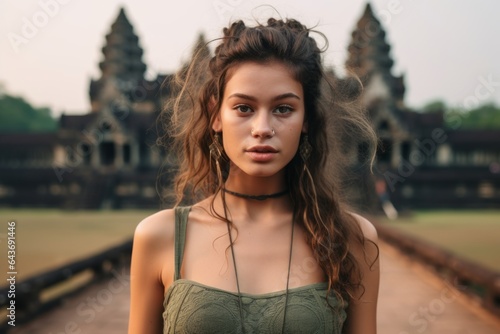 Close-up portrait photography of a glad girl in his 20s wearing a lace bralette at the angkor wat in siem reap cambodia. With generative AI technology