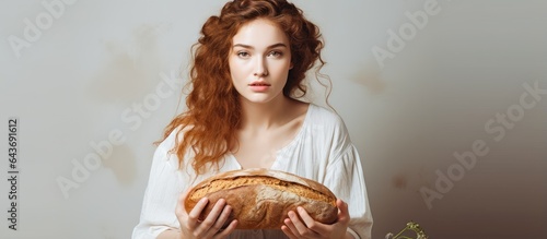 Woman holding bread on a br...