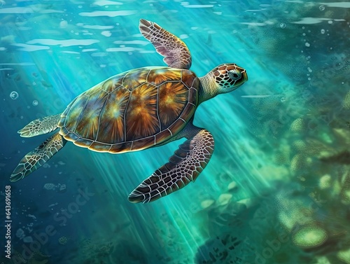 an old turtle swims in the water, above the surface of the water, blue ocean, made with Generative AI