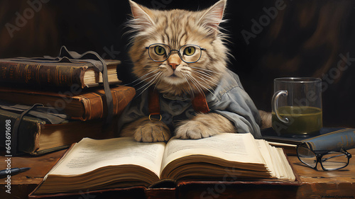 CAT WEARING GLASSES WITH BOOKS