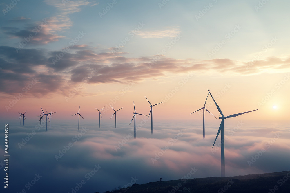 Obraz premium wind turbine farm with sea ,sunset and sky.Renewable energy concept .Created with Generative AI technology.
