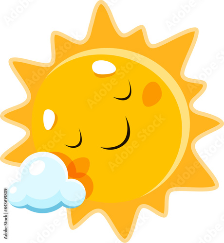Cartoon sleeping sun character. Vector personage with cute playful face relax on soft fluffy cloud in the sky. Yellow solar with happy expression. Climate forecast for sunny and cloudy day