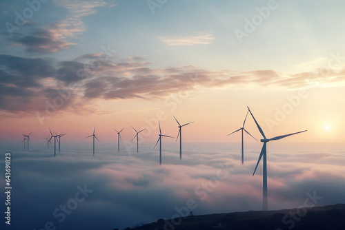 wind turbine farm with sea ,sunset and sky.Renewable energy concept .Created with Generative AI technology.