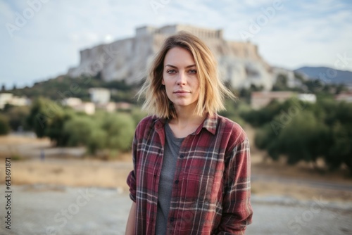 Studio portrait photography of a glad girl in her 40s wearing a relaxed flannel shirt in front of the acropolis in athens greece. With generative AI technology