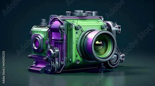Futuristic 3D Camera. Macro View of Sci-Fi Video Tech. A Blend of Purple and Green. Generative AI