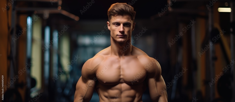 Male model with a muscular slim body in a fitness room Sport concept ...