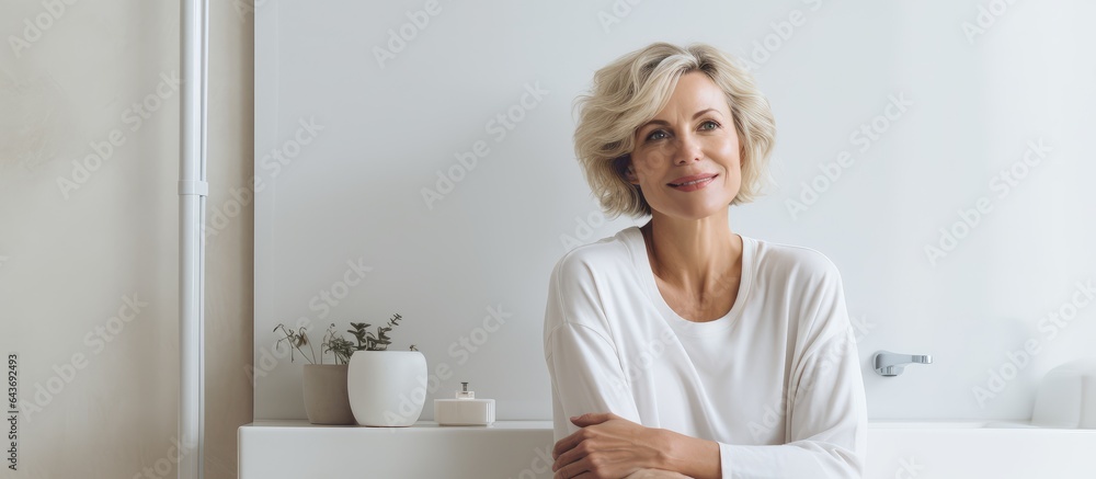 Happy woman in bathroom holding white bottle of skincare product