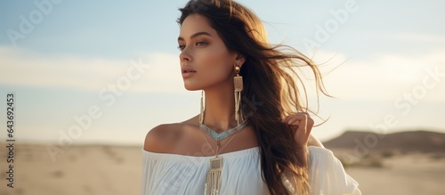 Copy space available for a stunning dark haired girl in a white dress adorned with boho jewelry posing in a sandy valley with a blue sky Beauty Fashion and Boho style