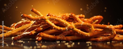 Fresh pretzel sticks on the dark background. Generative AI.