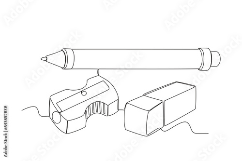 A pen, sharpener, and rubber eraser. School equipment one-line drawing