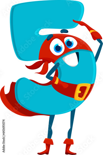 Cartoon math number five superhero character. Isolated vector playful and charming digit 5 defender personage exudes confidence and positivity standing with raised arm in defender costume and mask