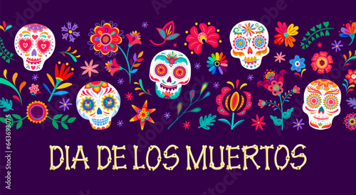 Cartoon sugar calavera skulls and tropical flowers. Dia de los muertos day of the dead mexican holiday banner. Vector greeting card with calaca heads and colorful blooms in traditional alebrije style