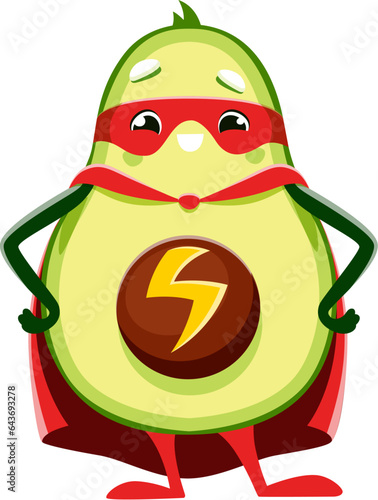 Cartoon avocado superhero character with lightning sign. Isolated vector vegetable avenger, heroic personage with an avocado-shaped body, wear mask and cape, ready to save the day with its superpowers