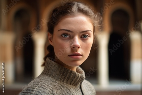 Close-up portrait photography of a glad girl in her 20s wearing a lightweight base layer at the alhambra in granada spain. With generative AI technology