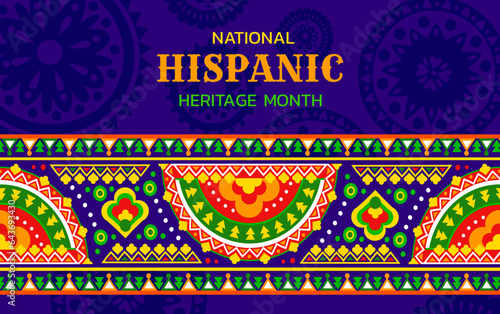 National Hispanic Heritage Month festival banner with colorful floral pattern. Mexican or Spanish National festival banner, Latin America culture carnival vector poster with embroidery ornament