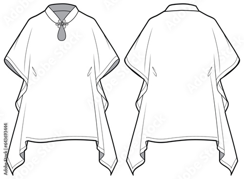 Women Handkerchief blouse top design flat sketch fashion illustration with front and back view, Short kaftan top technical drawing vector template