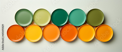 Tło - farby z lotu ptaka, kolorowe koła. Pomarańczowy i zielony. Tapeta do prezentacji produktów, kosmetyków.