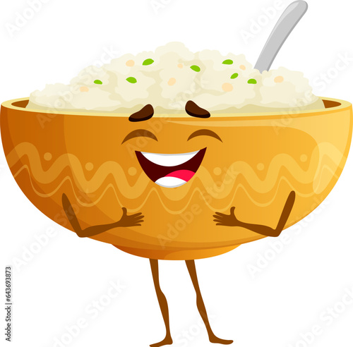 Cartoon oatmeal keto diet food character. Healthy nutrition and keto diet cheerful mascot, oatmeal dish or bowl with spoon isolated vector happy smiling personage or healthy food comical character