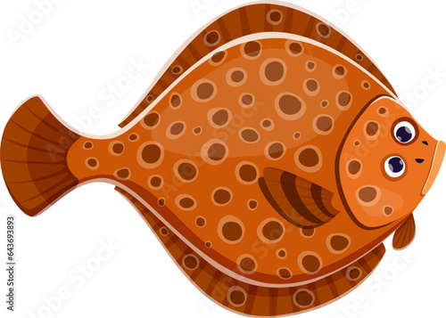 Cartoon flounder fish character. Isolated vector flat-bodied plaice marine creature with both eyes on one side of head. Master of camouflage, blending seamlessly with their surroundings to ambush prey