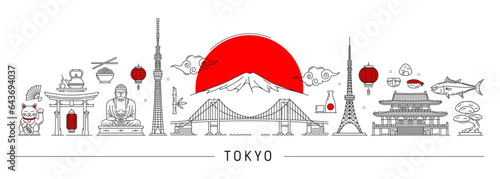 Tokyo silhouette. Japan travel landmarks with vector thin line buildings and Fuji mountain landscape, japanese tourism, food and culture. Outline towers, castle and temple, cat, sushi, sun and clouds