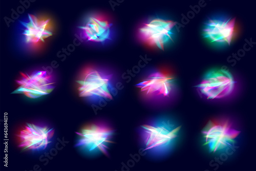 Rainbow crystal lights, prism leak flare effects set from diamond, glass, gem with sparkles on dark background. Vector 3d lens refraction overlay, crystal prism iridescent neon glare with blur effect