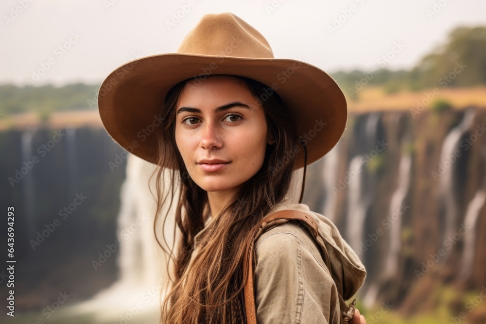 Medium shot portrait photography of a glad girl in her 20s wearing a rugged cowboy hat at the victoria falls in livingstone zambia. With generative AI technology