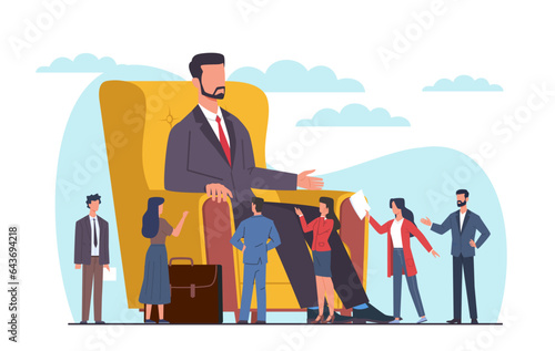 Big boss is sitting in chair with little people walking around downstairs. Subordinate and manager. Selfish man. Tiny employees. Cartoon flat isolated illustration. Vector arrogance concept