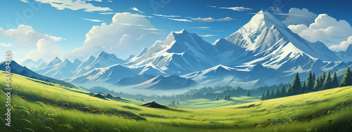 The green field with mountain background  in the style of large-scale canvas for background  backdrop