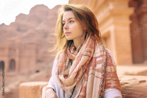 Photography in the style of pensive portraiture of a joyful girl in her 30s wearing an elegant silk scarf at the petra in maan jordan. With generative AI technology photo