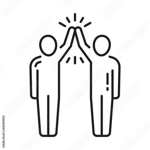 Help and support, people give high five each other isolated outline icon. Vector brotherhood and friendship, congratulations and greetings