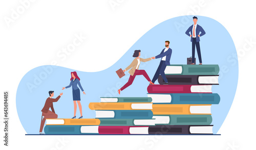 Business training concept, levels of staff training. Men and women teamwork, corporate education. Stack of books. Employee group learning. Cartoon flat style isolated vector concept