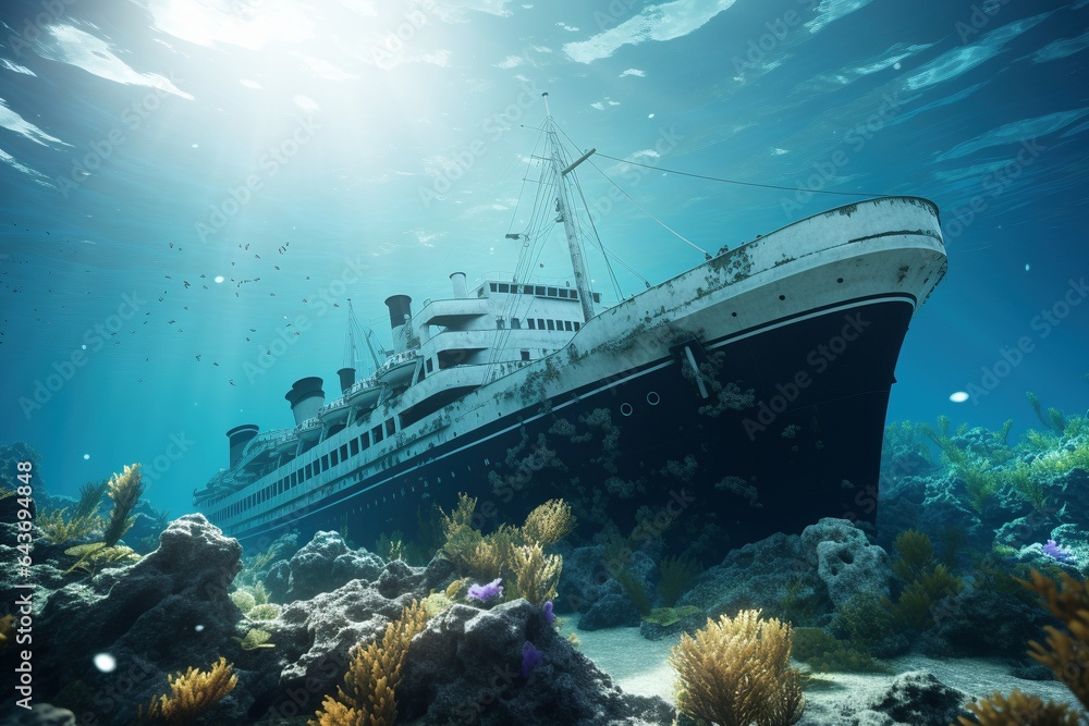 cruise liner sunk to the bottom of the ocean as a shipwreck - obrazy, fototapety, plakaty 