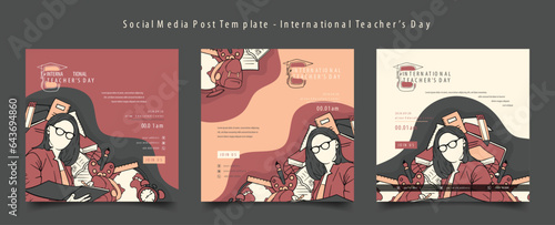 social media post template with hand drawn illustration of teacher and stationary for teacher's day