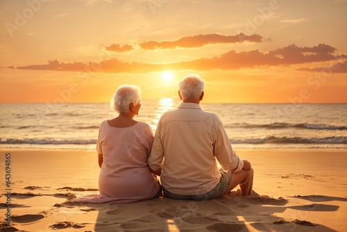 Senior couple sitting on the sandy beach. ai generative