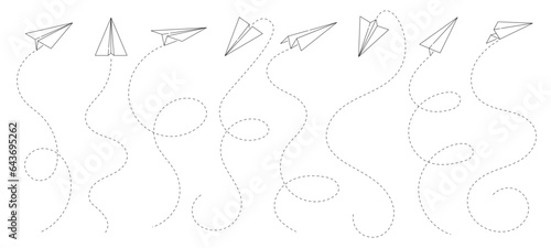 Paper aeroplane lines. Creativity and leadership, business idea and freedom, Startup launch vector concept. Air transport or airline transportation line symbol with handmade origami toy aeroplane